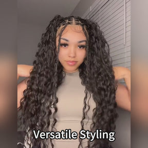 Pizazz Human Hair Boho Braids With Curls 13x6 Full Lace Knotless Boho Box Braided Drawstring Pull Go Wig