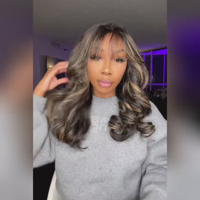 Curtain Bangs 1B/27 Blonde Balayage Highlight Body Wave Wig Glueless HD Lace Human Hair Wigs