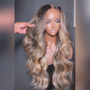 Highlight Blonde Black Root 13x4 Lace Front Wig Human Hair Pre Plucked Transparent Lace