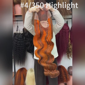 Pizazz Hair #4/350 Red Copper Highlight Body Wave 13x6 Full Lace Front Wigs Human Hair Pre Plucked for Women  (26Inch) 180% Density