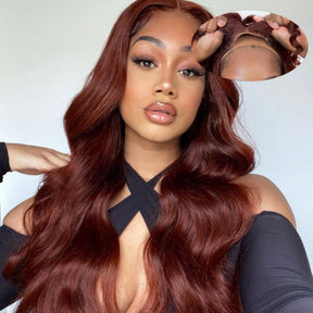 Pizazz 13x6 Full Lace Reddish Brown Human Hair Wigs Body Wave Dark Red Brown Parting Max Wigs Pre Plucked Natural Hairline