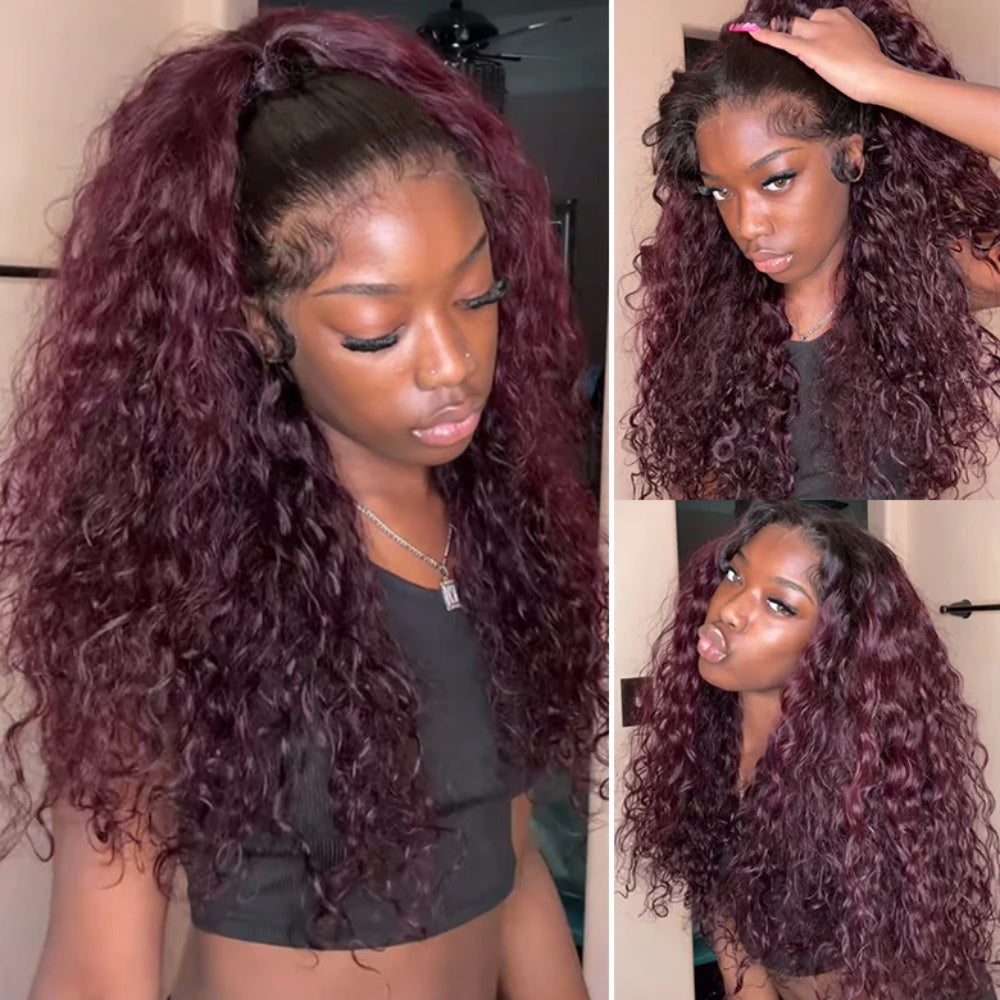 Pizazz Hair Dark Plum with Dark Roots Color Water Wave 13x6 HD Lace Front Human Hair Wigs