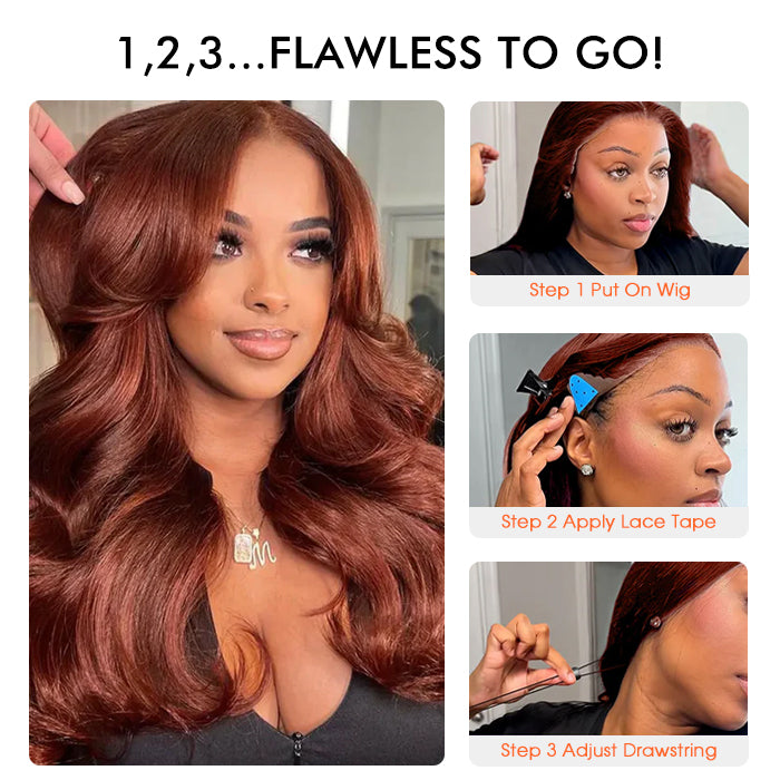 180% Density Reddish Brown Glueless 13x6 Body Wave Full Frontal HD Lace Wig