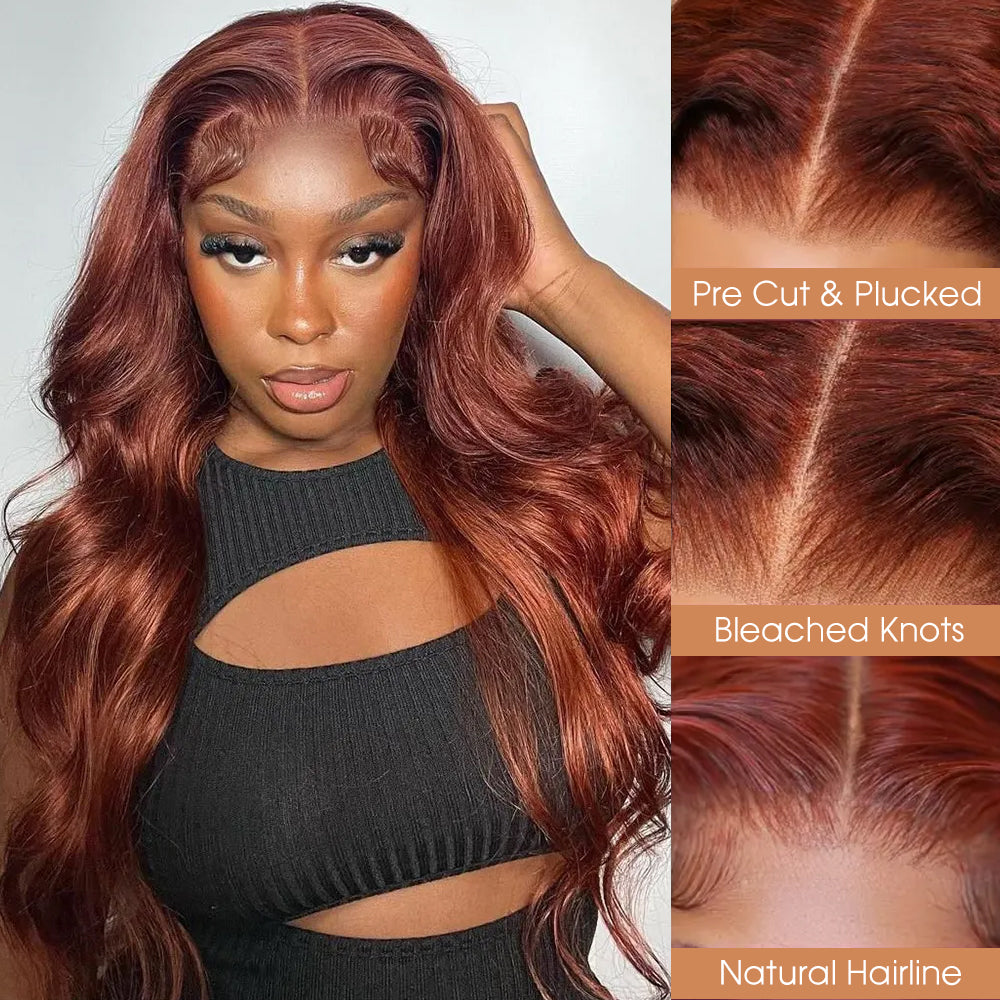 180% Density Reddish Brown Glueless 13x6 Body Wave Full Frontal HD Lace Wig