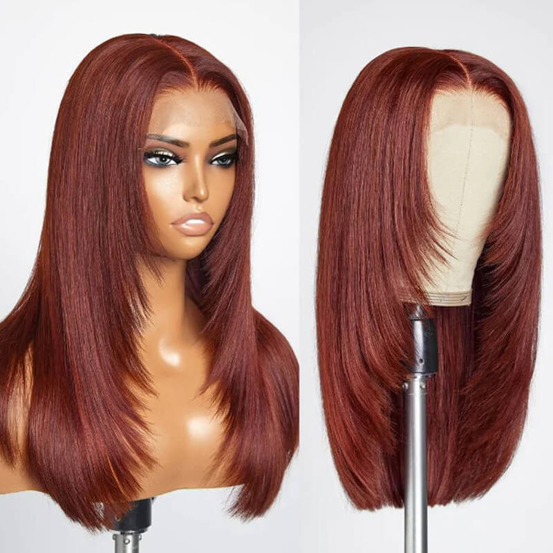 Reddish Brown Color #33 Feathered Layered Cut Straight Wigs HD Lace Human Hair Wig