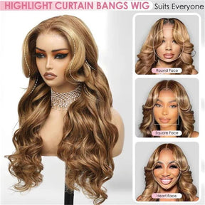 Curtain Bangs Highlight Honey Blonde Ombre 4/27  Body Wave Human Hair Glueless HD Lace Wigs