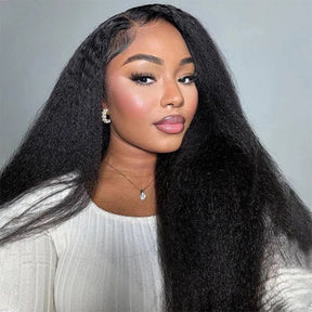 Pizazz Hair Yaki Straight Put On and Go Glueless Lace Wigs 8x5 Pre-cut Human Hair Lace Wig Kinky Straight