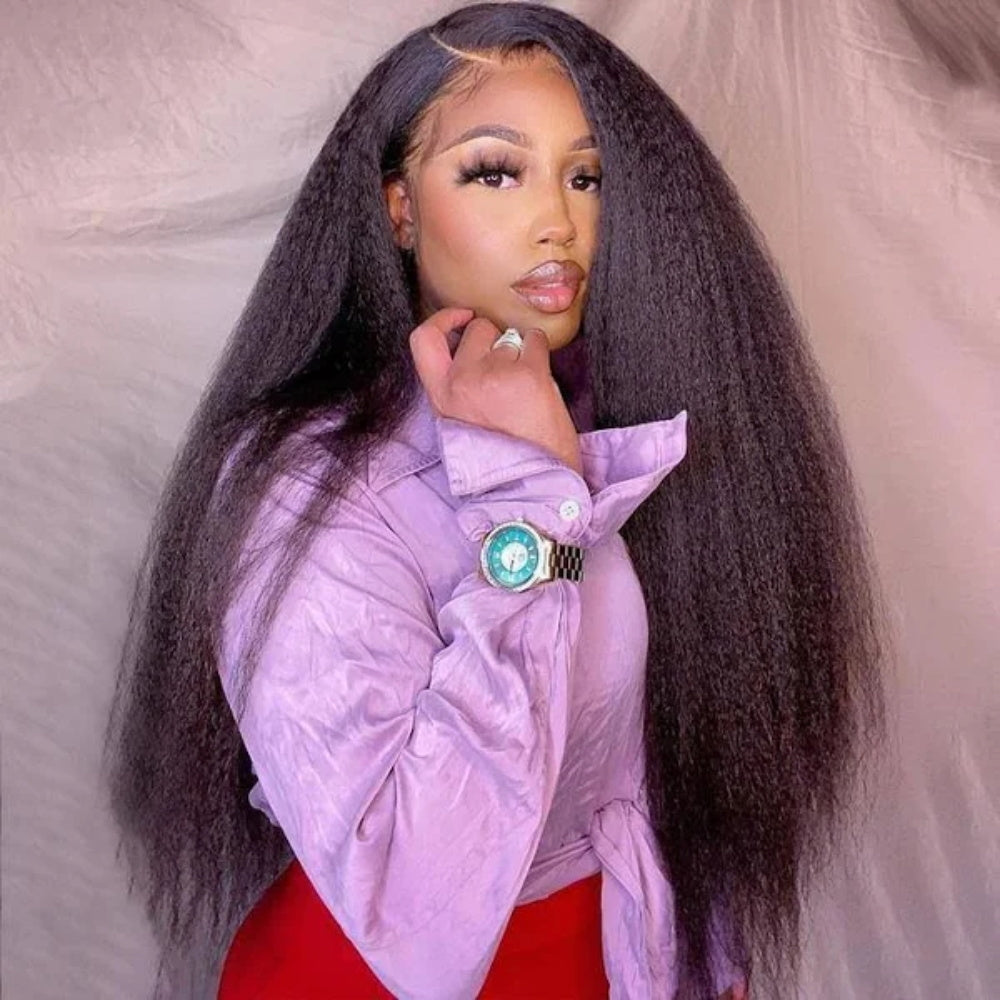 Pizazz Hair Yaki Straight Put On and Go Glueless Lace Wigs 8x5 Pre-cut Human Hair Lace Wig Kinky Straight