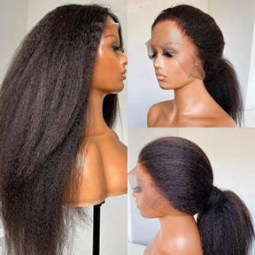 Pizazz Hair Yaki Straight Put On and Go Glueless Lace Wigs 8x5 Pre-cut Human Hair Lace Wig Kinky Straight