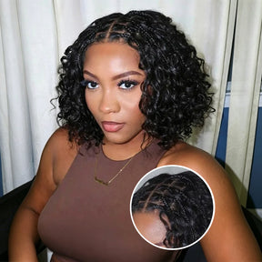Short Boho Braids Bob Wig Water Wave Pre Cut 8x5 HD Full Lace Drawstring Human Hair