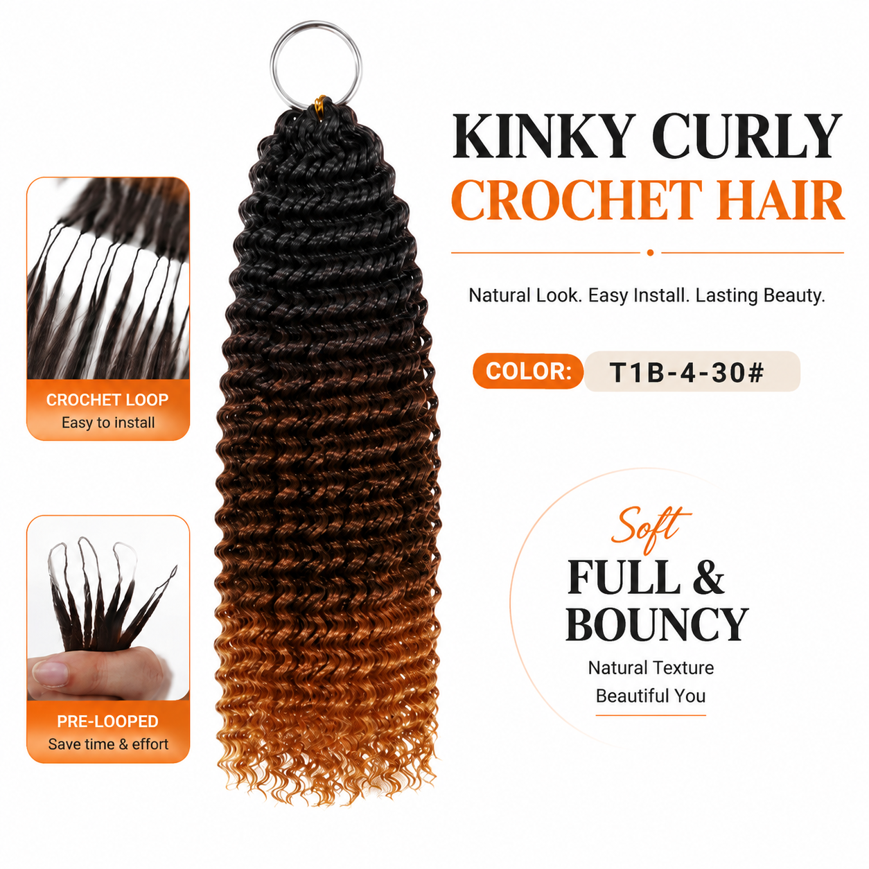 Pre Looped Black Roots #1B/3/27 Highlight Kinky Curly Feather Crochet Hair Extensions Natural Looking