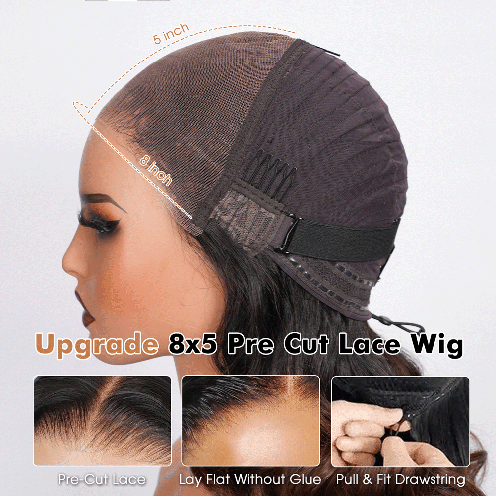 Pull & Go Bouncy Loose Body Wave T1b/4# Glueless Wig Short Bob Wig Pre-Cut 8×5 Lace Bleached Knots