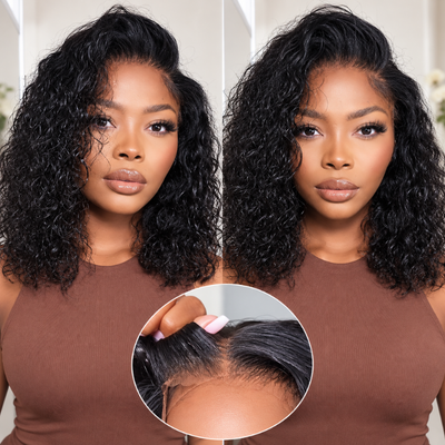 Water Wave Short Bob Natural Black 5x5 Lace Human Hair Wig Pre Plucked