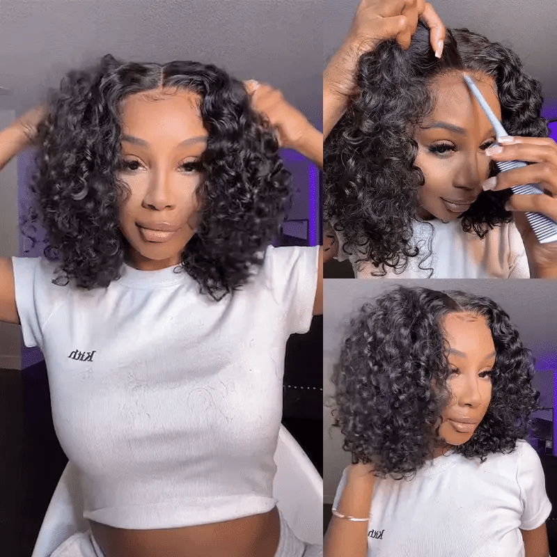 Brown With Honey Blonde Highlights Bouncy Water Wave Short Bob Glueless Wig 13x6 Lace Wear & Go Pre-Bleached Knots