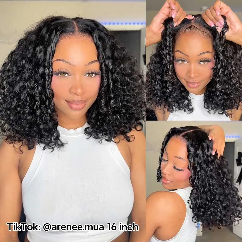 Brown With Honey Blonde Highlights Bouncy Water Wave Short Bob Glueless Wig 13x6 Lace Wear & Go Pre-Bleached Knots