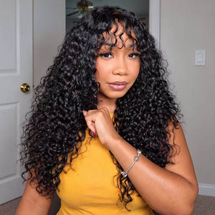 Water Wave Wig with Shaggy Bangs 5×5 Lace Glueless Human Hair Drawstring Wig for Beginners