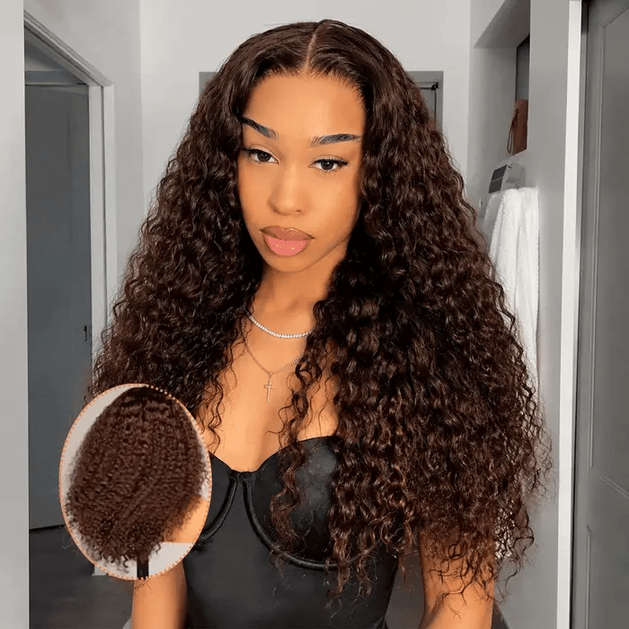 Water Wave 180% Density Chocolate Brown 360 Lace Frontal Wigs Pre-Bleached Knots Human Hair Wig With Invisi-String