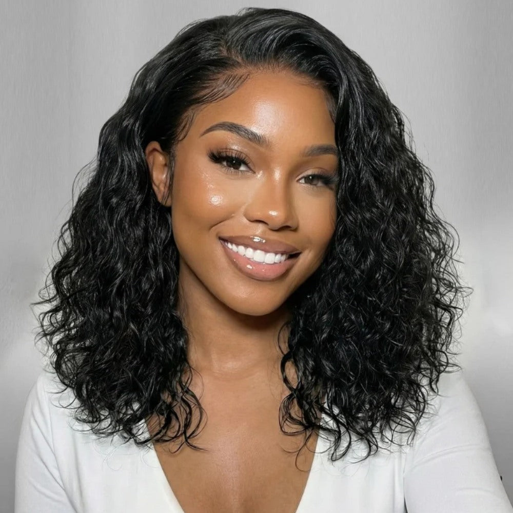 Glueless Short Bob Wig Water Wave 8x5 Pre-Cut Lace Bleached Knots Ready To Wear
