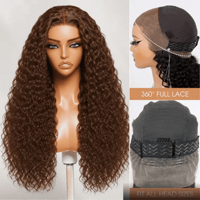 Water Wave 180% Density Chocolate Brown 360 Lace Frontal Wigs Pre-Bleached Knots Human Hair Wig With Invisi-String