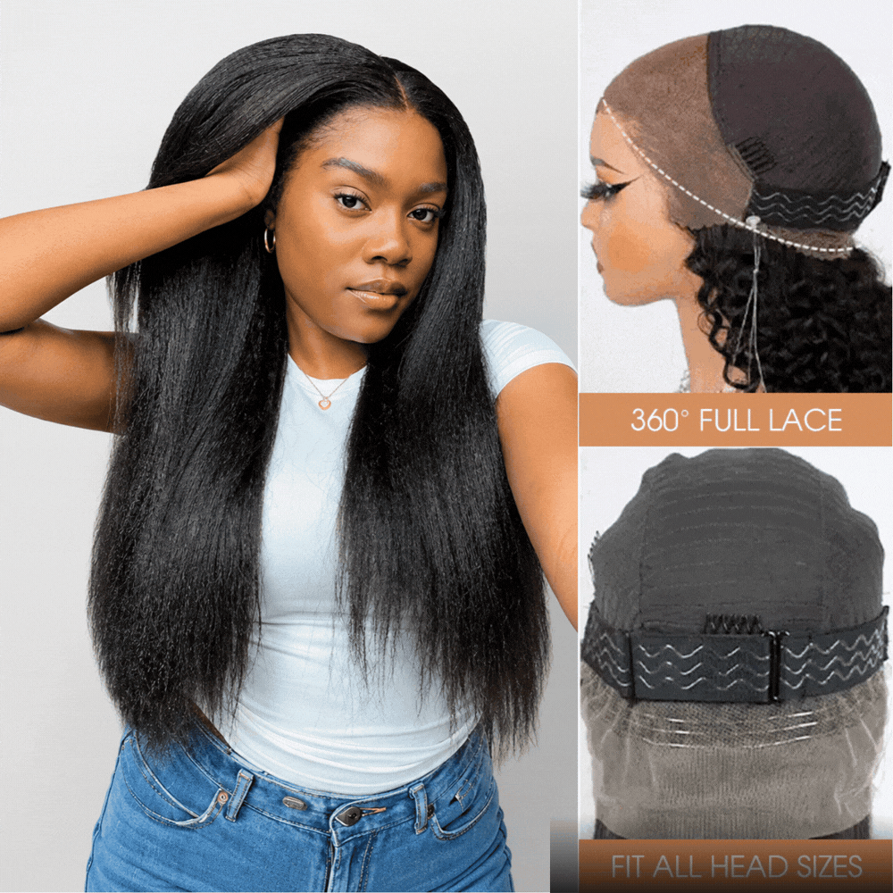 Yaki Straight 220% Density Pull Go 360 Drawstring Lace Frontal Wigs Pre Plucked Hairline Human Hair Wigs