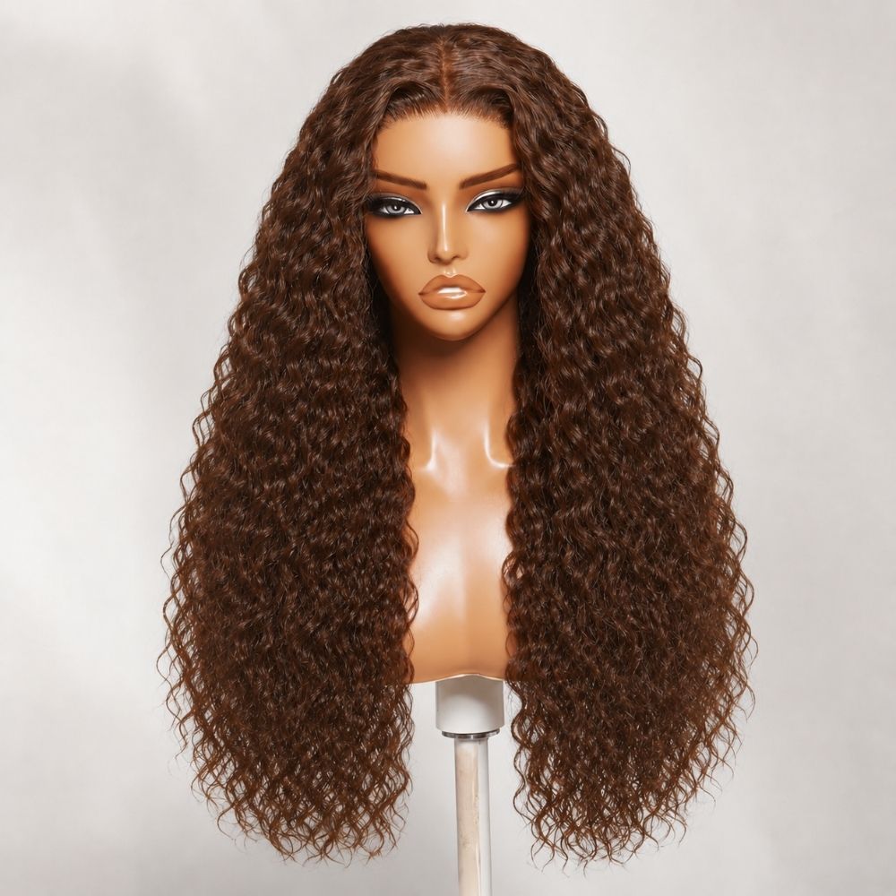 Water Wave 180% Density Chocolate Brown 360 Lace Frontal Wigs Pre-Bleached Knots Human Hair Wig With Invisi-String