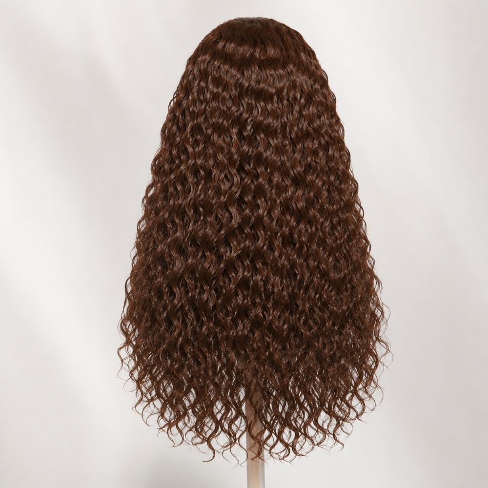 Water Wave 180% Density Chocolate Brown 360 Lace Frontal Wigs Pre-Bleached Knots Human Hair Wig With Invisi-String