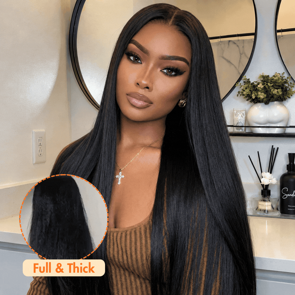 Yaki Straight 220% Density Pull Go 360 Drawstring Lace Frontal Wigs Pre Plucked Hairline Human Hair Wigs