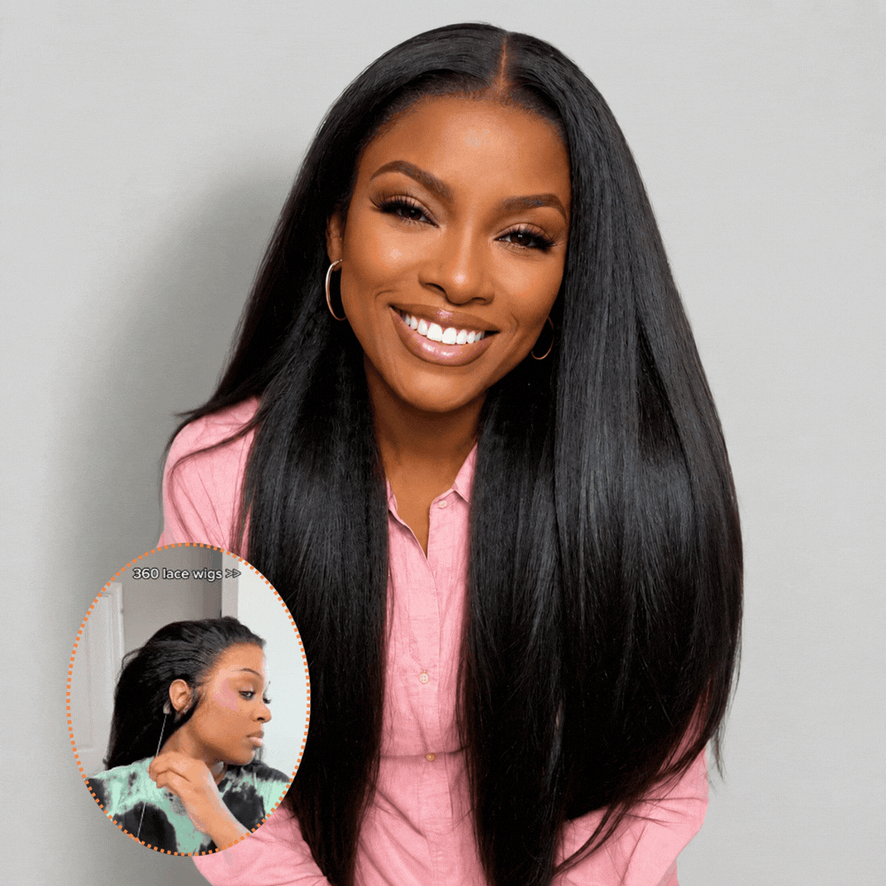 Yaki Straight 220% Density Pull Go 360 Drawstring Lace Frontal Wigs Pre Plucked Hairline Human Hair Wigs