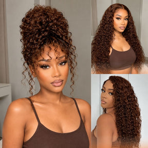 Water Wave 180% Density Chocolate Brown 360 Lace Frontal Wigs Pre-Bleached Knots Human Hair Wig With Invisi-String