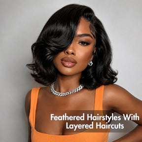 Glueless 8x5/13x6 Loose Body Wave Bob Pre Cut Lace Front Wig Feathered Hairstyles With Layered Haircuts