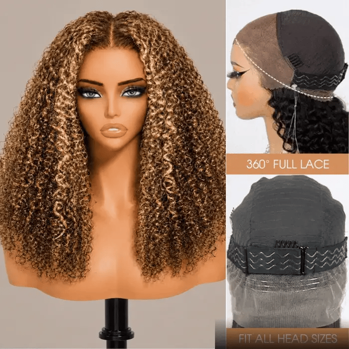 4/27 Honey Blonde Highlight 180%/220% Density 360 Lace Kinky Curly Wig With 4C Edges Human Hair Baby Hair