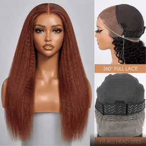 #33 Reddish Brown 360 Lace 180% Density Kinky Straight Wig Autumn Color Glueless HD Lace Front Human Hair Wigs