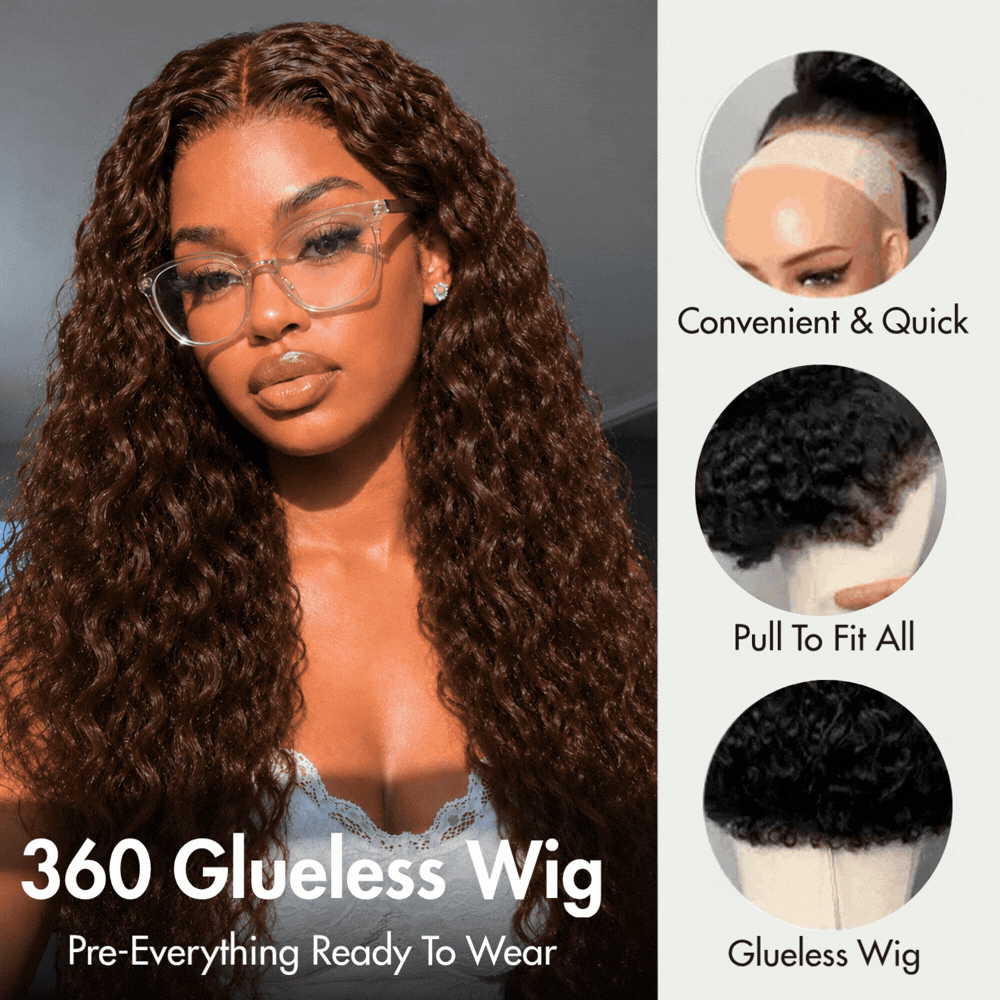 Water Wave 180% Density Chocolate Brown 360 Lace Frontal Wigs Pre-Bleached Knots Human Hair Wig With Invisi-String