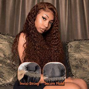 Water Wave 180% Density Chocolate Brown 360 Lace Frontal Wigs Pre-Bleached Knots Human Hair Wig With Invisi-String