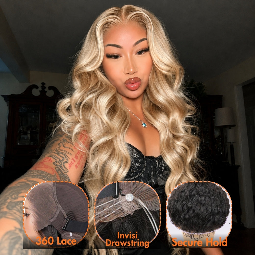 #613 Blonde Body Wave 360 Transparent Lace Frontal Wig Invisi Strap Pre Plucked Human Hair Wigs