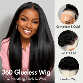 Yaki Straight 220% Density Pull Go 360 Drawstring Lace Frontal Wigs Pre Plucked Hairline Human Hair Wigs