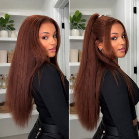 #33 Reddish Brown 360 Lace 180% Density Kinky Straight Wig Autumn Color Glueless HD Lace Front Human Hair Wigs