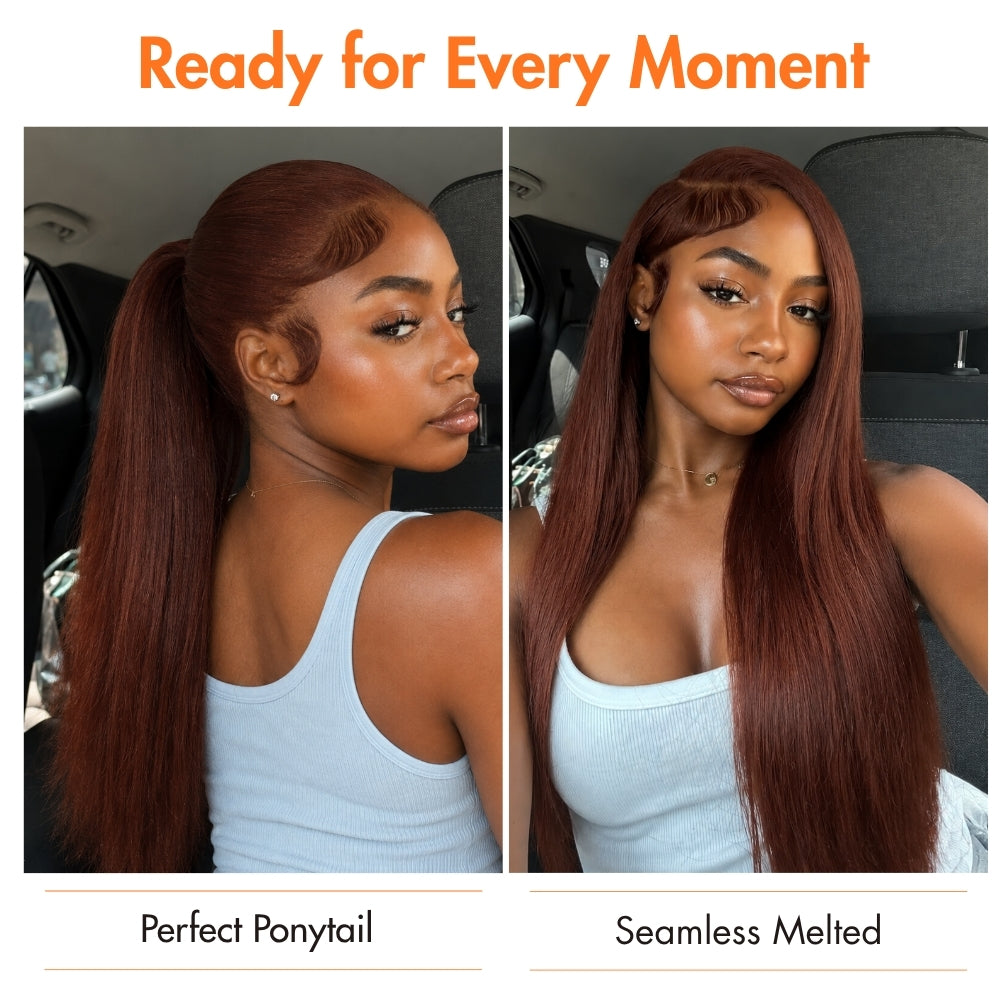 #33 Reddish Brown 360 Lace 180% Density Kinky Straight Wig Autumn Color Glueless HD Lace Front Human Hair Wigs