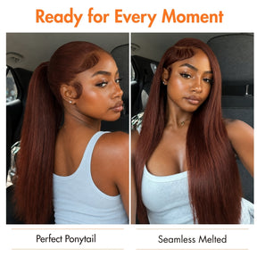 #33 Reddish Brown 360 Lace 180% Density Kinky Straight Wig Autumn Color Glueless HD Lace Front Human Hair Wigs
