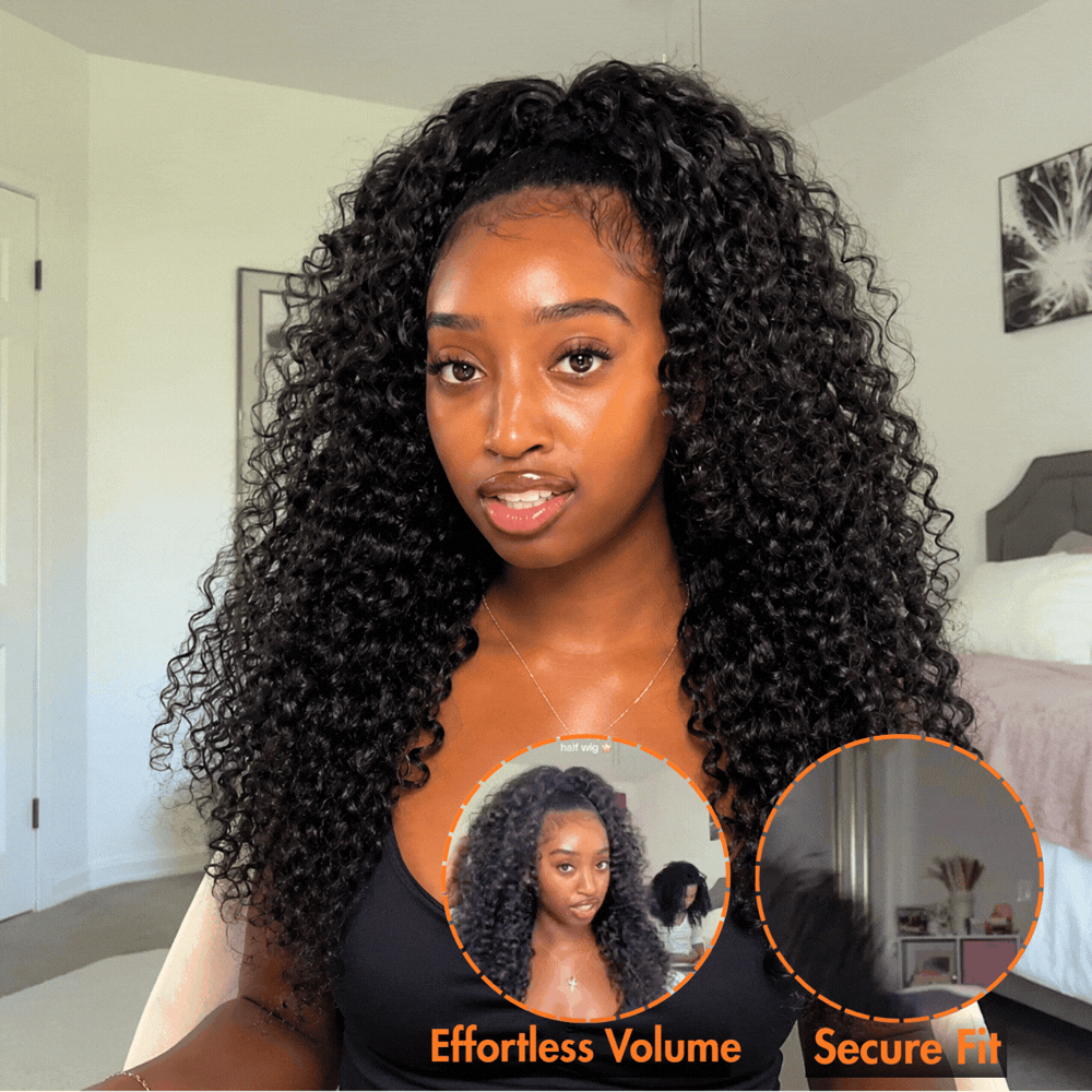3 In 1 Half Wig | Burmese Curly With Finger Coil Ends Glueless Install Flip Over Half Wig With Adjustable Drawstring