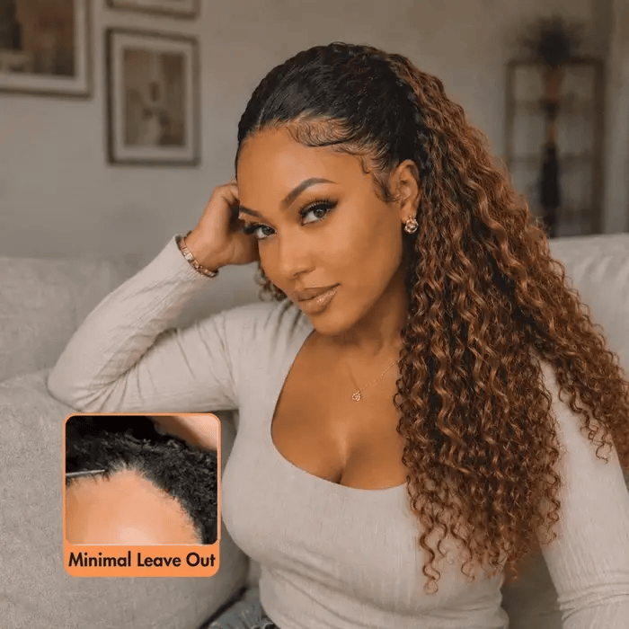 3 In 1 Half Wig | Blonde Burmese Curly with Black Roots No Glue Needed Install Flip Over Half Wig With Adjustable Drawstring