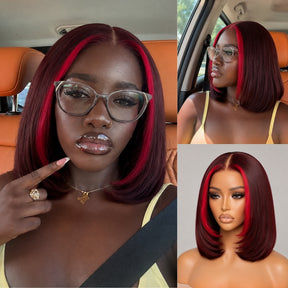 Highlight Red 99J Burgundy 5x5 Pre Cut Straight Glueless Short Bob Lace Wig With Invisi Drawstring Flash Sale