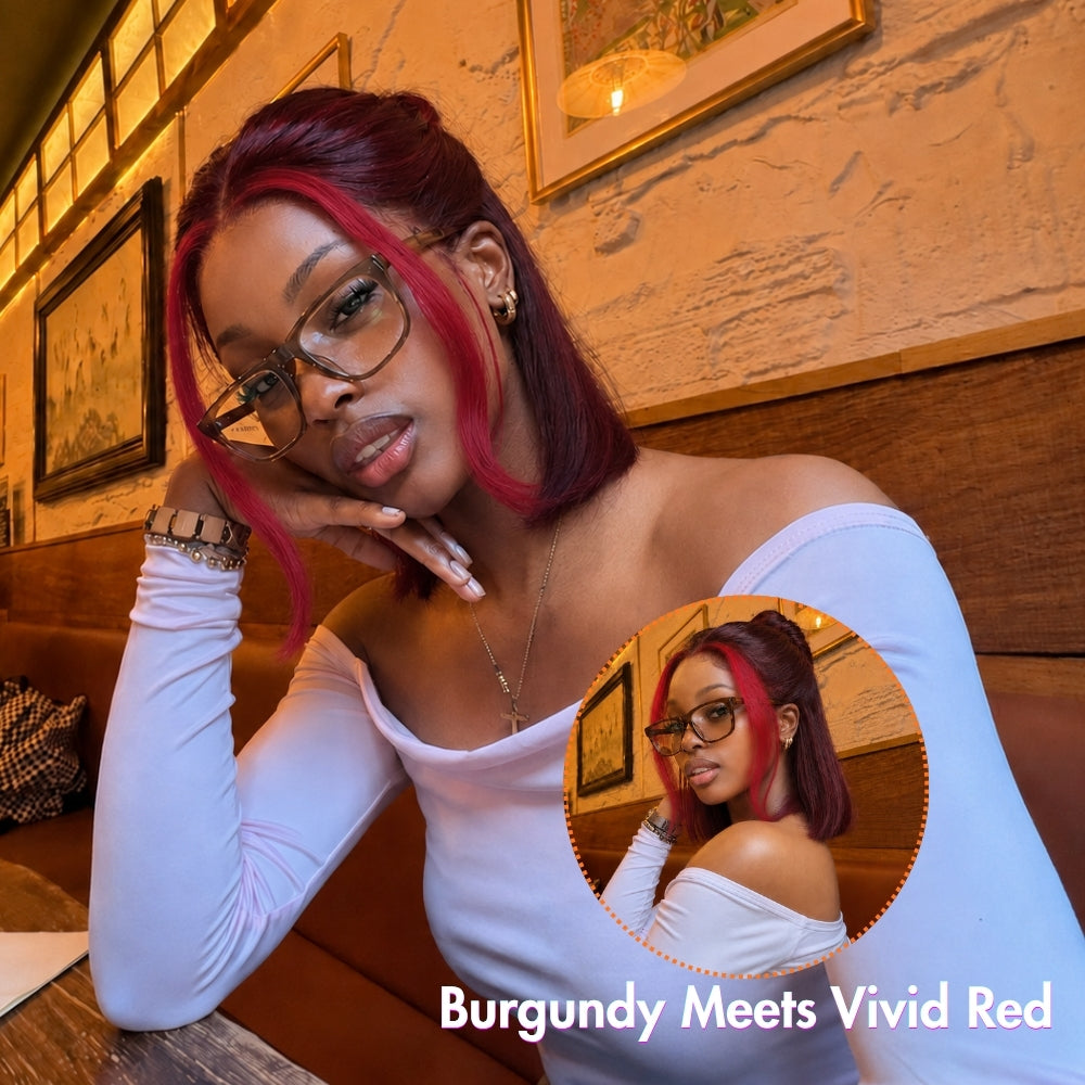 Highlight Red 99J Burgundy 5x5 Pre Cut Straight Glueless Short Bob Lace Wig With Invisi Drawstring Flash Sale