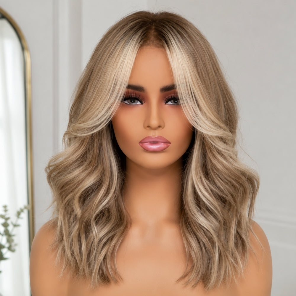 8x5/13x6 Pre Cut Lace Ash Blonde Highlight With Dark Root Loose Body Wave Glueless Human Hair Wig With Invisi Drawstring