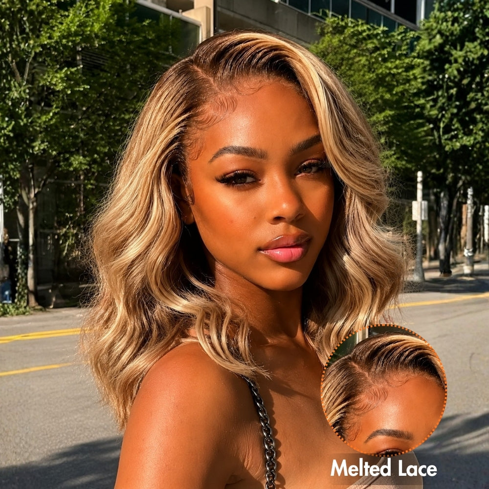 8x5/13x6 Pre Cut Lace Ash Blonde Highlight With Dark Root Loose Body Wave Glueless Human Hair Wig With Invisi Drawstring