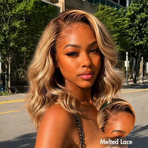 8x5/13x6 Pre Cut Lace Ash Blonde Highlight With Dark Root Loose Body Wave Glueless Human Hair Wig With Invisi Drawstring
