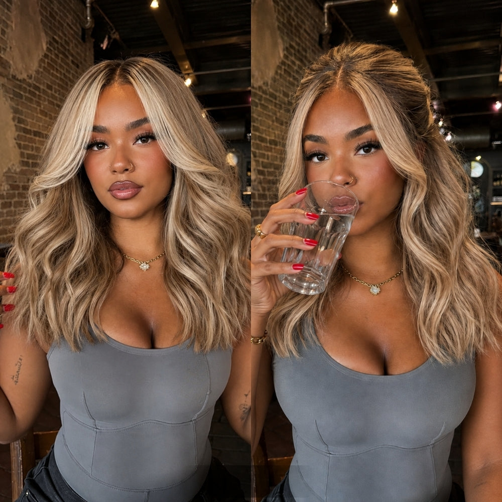 8x5/13x6 Pre Cut Lace Ash Blonde Highlight With Dark Root Loose Body Wave Glueless Human Hair Wig With Invisi Drawstring