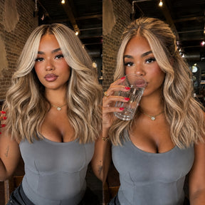 8x5/13x6 Pre Cut Lace Ash Blonde Highlight With Dark Root Loose Body Wave Glueless Human Hair Wig With Invisi Drawstring