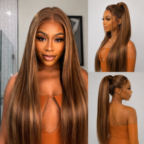 360 Lace Silky Straight 4/27 Highlight Brown Color Virgin Human Hair Wigs HD Pre-plucked Breathable Lace Wig