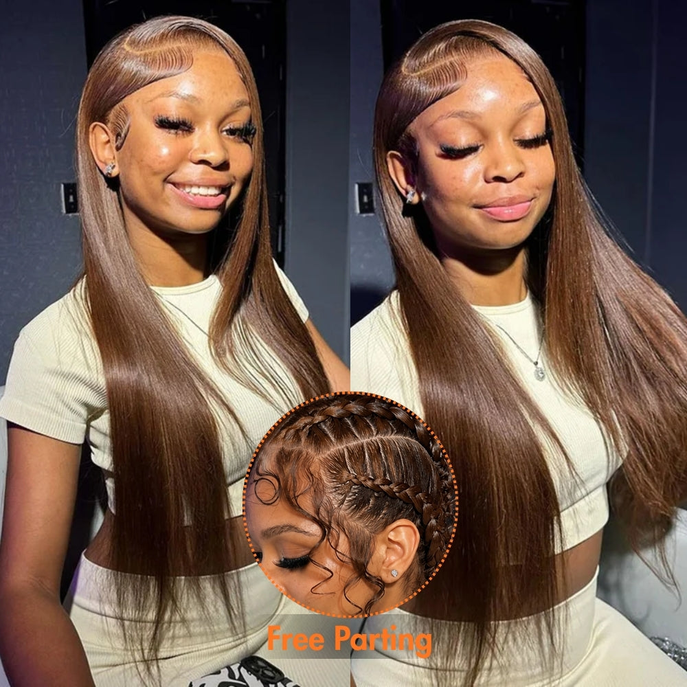 180% Density 360 Lace 4# Chocolate Brown Straight Face Framing Pre-Layered Lace Front Wig